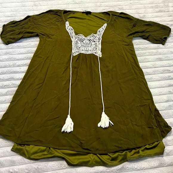 NAIF Tops - Naif Boho Olive Green Crochet-Trim Tunic Top